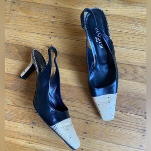 Vintage Pancaldi Black Leather Snakeskin Slingback Pump Size 10 (Fits like a 9)